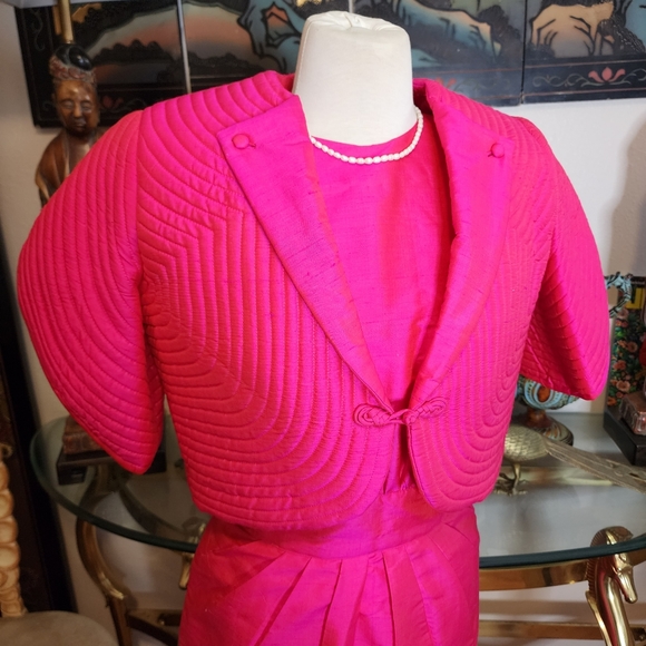 Vintage Pink Boogies Thai 100%  Puff Silk  Jacket  & Dress Set - Picture 8 of 17